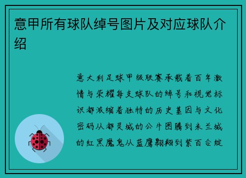 意甲所有球队绰号图片及对应球队介绍