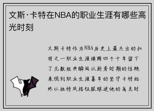 文斯·卡特在NBA的职业生涯有哪些高光时刻